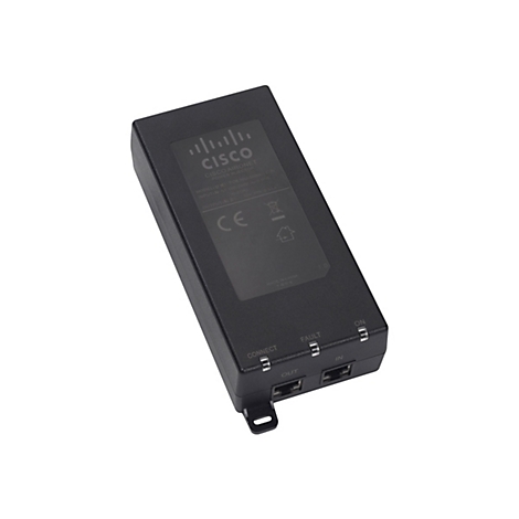 Un appareil d'injection de courant Cisco Aironet noir. Inscriptions : Cisco Aironet Power Injector. Connecteurs : Connect, Out, Fault, In, On.