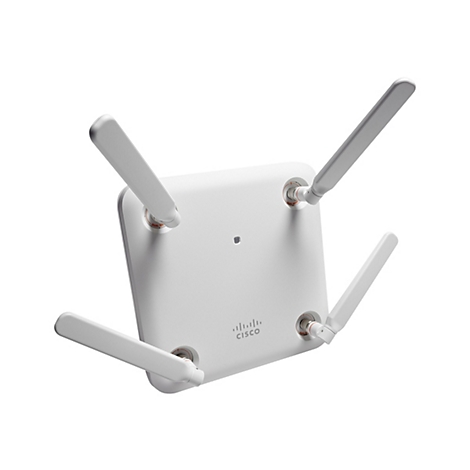 Draufsicht auf einen weißen Cisco WLAN-Router mit vier Antennen, "Dual Band" Text.