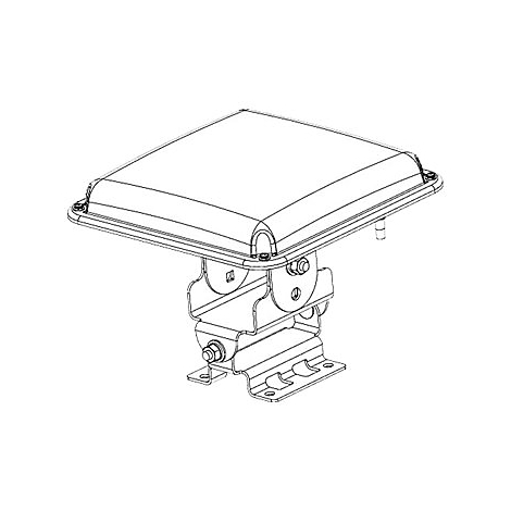 Draufsicht einer technischen Zeichnung eines Objekts mit quadratischer Oberseite, verschraubt auf einem Halterungsmechanismus.