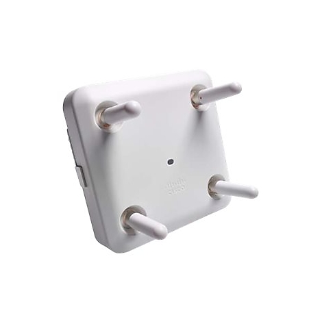 Ein weißes WLAN-Gerät mit vier Antennen, Blick von unten. Das Cisco-Logo ist zu sehen.