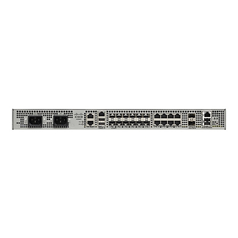 Rückansicht eines silbernen Cisco ASR920 Routers. Enthält Anschlüsse, Anschlüsse und Beschriftungen.