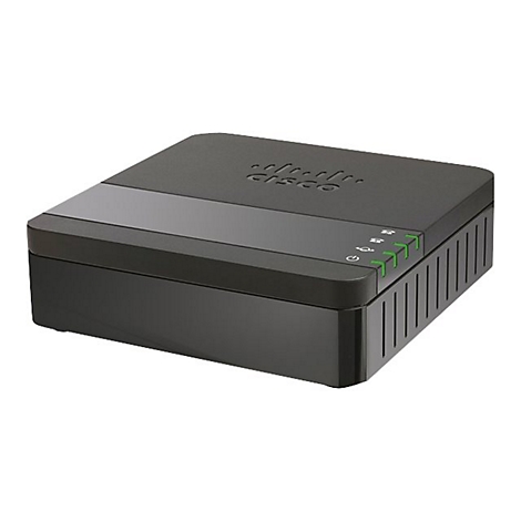 Routeur Cisco noir sur fond blanc. Cisco en haut. Voyants verts.