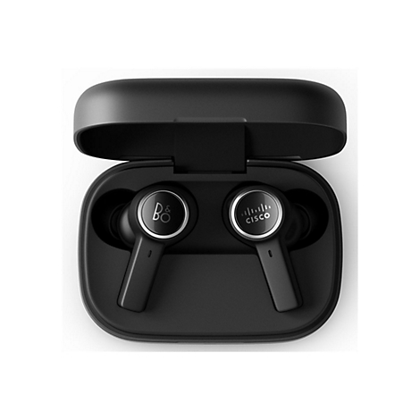 Schwarze Kopfhörer mit Ladecase, Marke B&O, Cisco. Der Deckel des Case ist geöffnet.