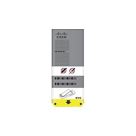 Graue Verpackung mit Barcodes und Cisco Logo, zwei durchgestrichenen Symbolen, Pfeil und Text.