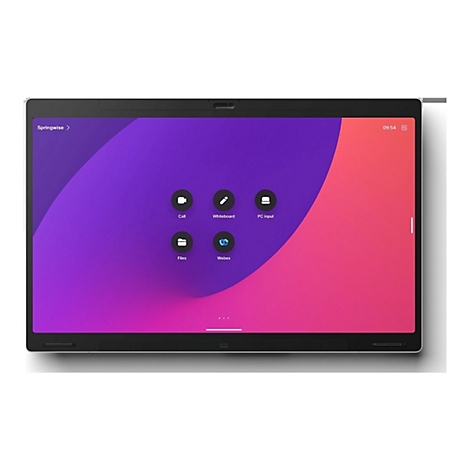 Un écran tactile noir affichant une interface utilisateur violet-rose. Des icônes pour appel, tableau blanc, entrée PC, fichiers et Webex sont visibles.