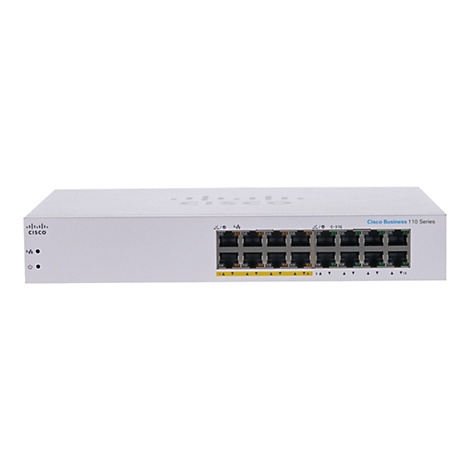 Ein weißer Cisco Business 110 Series Switch mit mehreren Ports. Beschriftungen und Logos sind gut sichtbar.