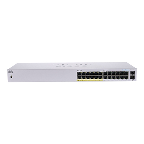 Ein weißer Cisco Business 110 Series Switch mit Anschlüssen, Beschriftungen und einem Logo auf weißem Hintergrund.