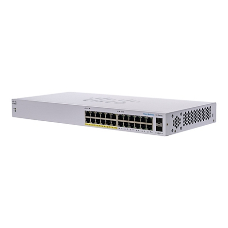 Ein silberfarbener Cisco Business 110 Series Switch. Auf der Vorderseite sind Anschlüsse und Kontrollleuchten zu sehen, das Cisco-Logo ist ebenfalls vorhanden.
