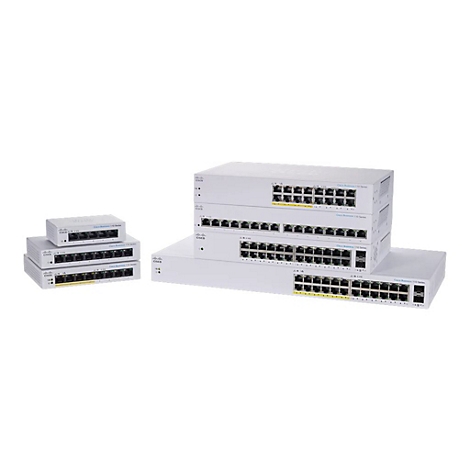 Mehrere weiße Cisco Business 110 Series Netzwerk-Switches in verschiedenen Größen, gestapelt vor weißem Hintergrund.