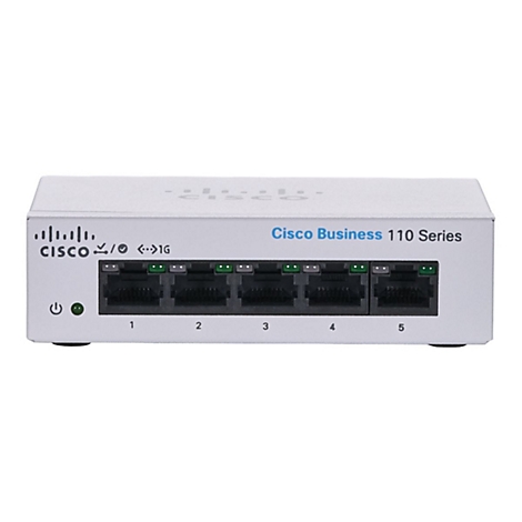 Ein weißes Cisco Business 110 Series Gerät mit fünf Netzwerkanschlüssen, grünem LED-Licht und dem Cisco-Logo.