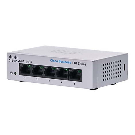 Ein silberner Cisco Business 110 Series Switch mit fünf Anschlüssen, Beschriftung und Power-Knopf.