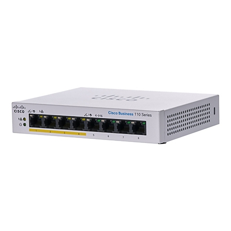 Ein silberner Cisco Business 110 Series Switch. Das Gerät hat acht Ports, Beschriftungen und grüne Lichter.