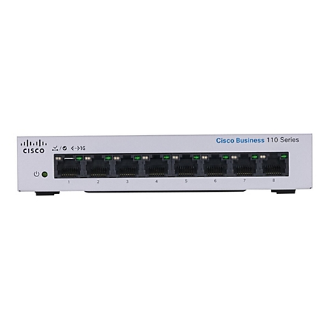 Ein grauer Cisco Business 110 Series Switch mit 8 Ports, beschriftet 1-8. Das Cisco-Logo und weitere Symbole sind ebenfalls zu sehen.