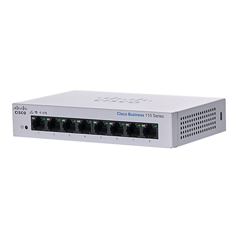 Ein silberner Cisco Business 110 Series Switch mit acht Anschlüssen. Der Switch ist mit Logos und Anschlussnummern beschriftet.