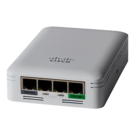 Grauer Cisco-Router mit Anschlüssen, Beschriftung: Pass-Thru, LAN3, LAN2, PSE-LAN1. Cisco-Logo oben.