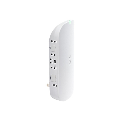 Ein weißer WLAN-Repeater, der an eine Steckdose angeschlossen ist. Er hat eine abgerundete Form und eine grüne LED. Ports und Tasten sind deutlich sichtbar.