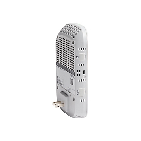 Ein weißer, rechteckiger Cisco-Mesh-Extender mit eingebautem Stecker, der im Winkel von links nach rechts abgebildet ist. Auf der Oberfläche befinden sich Tasten, Anschlüsse und Hinweise.