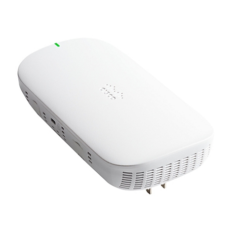 Ein weißes Cisco-Gerät mit grünem Indikator, Belüftungsschlitzen und dem Cisco-Logo.