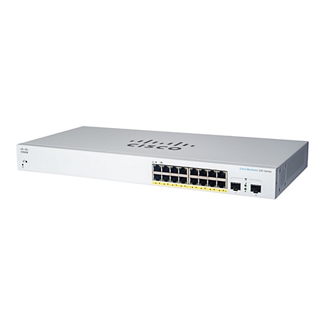 Ein grauer Cisco Business 220 Series Netzwerkswitch vor weißem Hintergrund. Das Gerät zeigt Ports und LEDs, mit Cisco-Logo.
