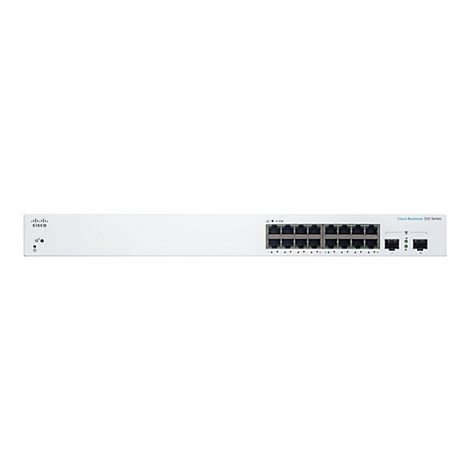 Ein weißer Cisco Netzwerk-Switch mit Ports und Kontrollleuchten. Das Cisco-Logo ist links oben zu sehen. Der Schriftzug "Cisco Business 220 Series" ist rechts platziert.