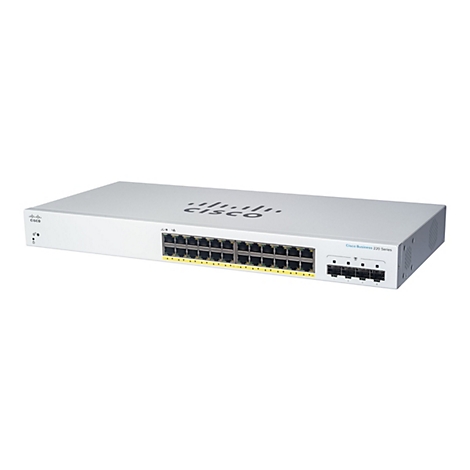 Ein grauer Cisco Business 220 Series Switch, mit Anschlüssen und dem Cisco Logo.