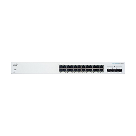Ein weißer Cisco Business 220 Series Switch, Vorderansicht. Er hat 24 Ethernet-Anschlüsse und Kontrollleuchten.