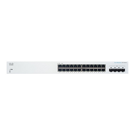 Ein weißer Cisco Business 220 Series Switch. Auf der Frontseite befinden sich mehrere Ports, Kontrollleuchten und das Cisco Logo.