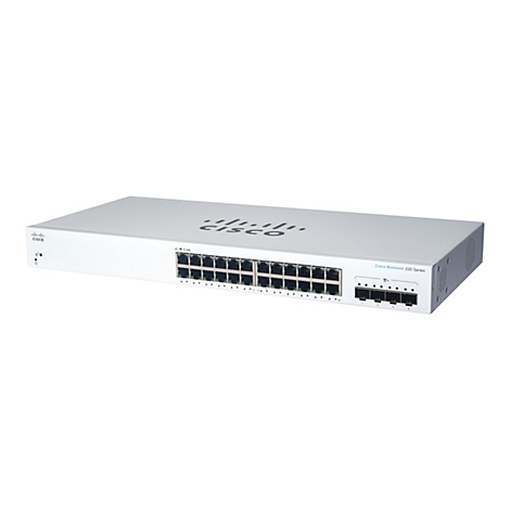 Ein weißer Cisco Business 220 Series Netzwerk-Switch mit Ports und Logo. Aufschrift: CISCO.