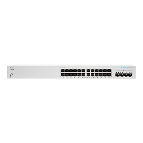 Ein weißer Cisco Business 220 Series Switch, Vorderansicht. Er hat mehrere Ports, Kontrollleuchten und das Cisco-Logo.