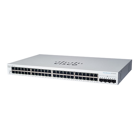 Ein grauer Cisco Switch mit mehreren Anschlüssen, Beschriftung: Cisco Business 220 Series.