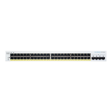 Ein weißer Cisco Business 220 Series Switch. Das Gerät hat viele Anschlüsse und Indikatoren.