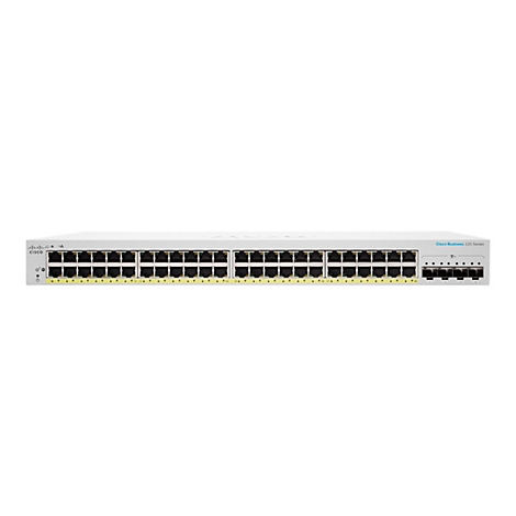 Ein weißer Cisco Business 220 Series Switch. Auf der Frontseite befinden sich mehrere Netzwerkanschlüsse und Anzeigen.