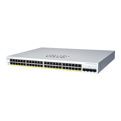 Ein grauer Cisco Business 220 Series Switch, viele Anschlüsse, gelbe Markierungen, auf weißem Hintergrund.