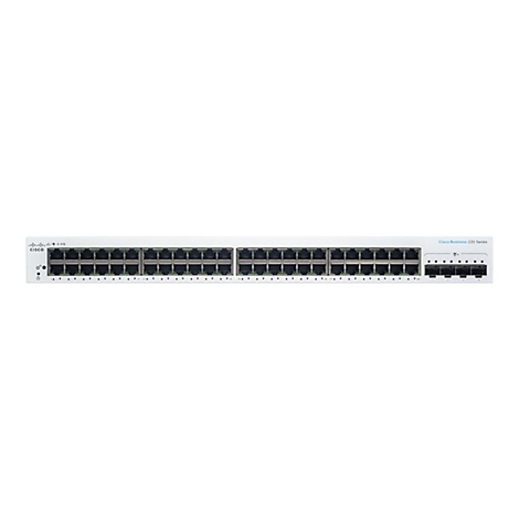 Weißer Cisco Business 220 Series Switch. Mit zahlreichen Ethernet-Anschlüssen, Beschriftungen und Firmenlogo.