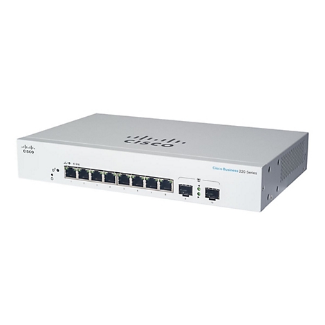 Ein weißer Cisco Business 220 Series Switch, mit Anschlüssen und Logo, auf weißem Hintergrund.