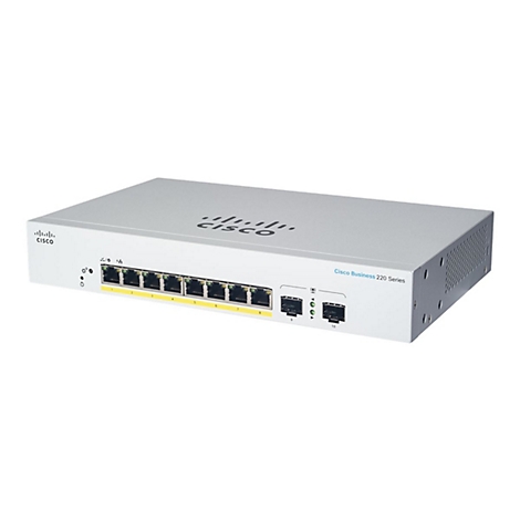 Hellgrauer Cisco Business 220 Series Switch, mit Anschlüssen und Logo, auf weißem Hintergrund.