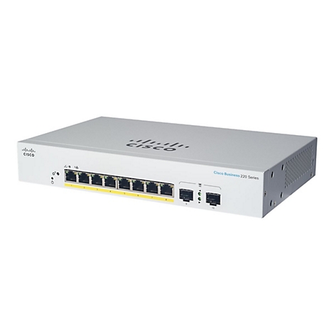 Hellgrauer Cisco Switch, Reihe Business 220. 8 Ports, beschriftet 1-8 und 9-10. Das Cisco Logo ist auf der Oberseite sichtbar.