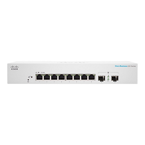 Ein weißes Netzwerkgerät mit Anschlüssen, Beschriftung CISCO und Cisco Business 220 Series.