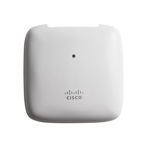 Weißes, rechteckiges Gerät mit abgerundeten Kanten. Auf der Oberfläche ein kleines schwarzes Quadrat und der Schriftzug "CISCO".