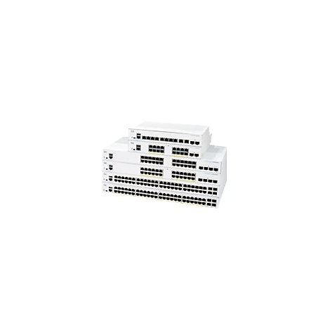 Mehrere weiße Netzwerk-Switches unterschiedlicher Größe stapeln sich. Sie zeigen Reihen von Netzwerkanschlüssen.
