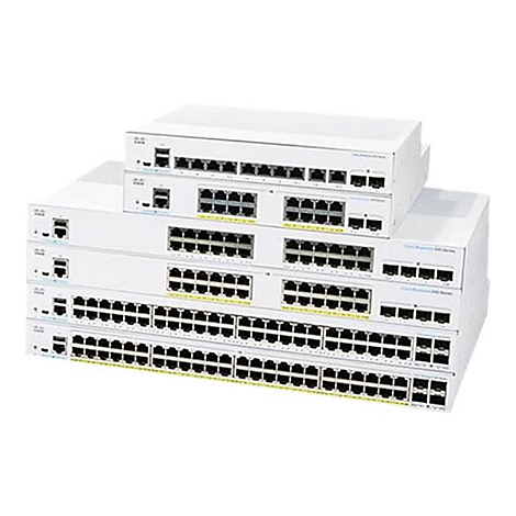 Mehrere weiße Netzwerk-Switches, gestapelt.