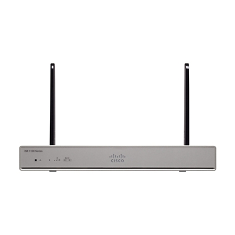 Un appareil Cisco ISR 1100 Series gris avec deux antennes noires. L'avant comporte des indicateurs et le logo Cisco.