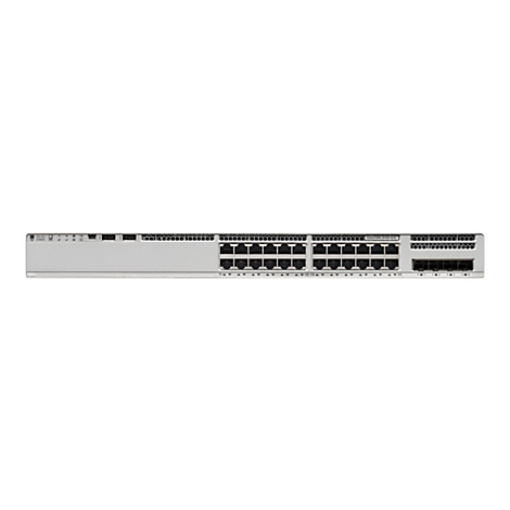 Commutateur réseau gris clair avec plusieurs ports. Le haut indique "Catalyst 9200L 24 PoE+ 4x1G".