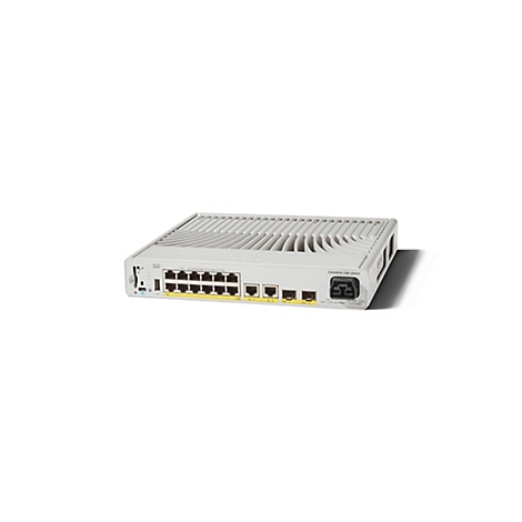 Un commutateur réseau gris, avec plusieurs ports, sur fond blanc. Le commutateur porte le logo Cisco. Plusieurs ports sont étiquetés.