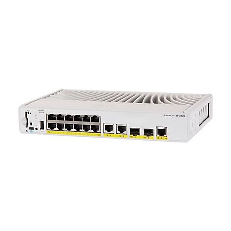 Un commutateur Cisco argenté avec divers ports et un dessus texturé, modèle C9200CX-12T-2X2G, sur fond blanc.