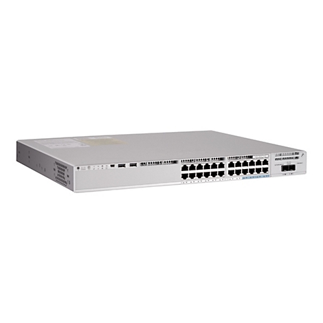 Un commutateur réseau argenté avec ports et connexions, de la marque Cisco. Inscription : Catalyst 9200.