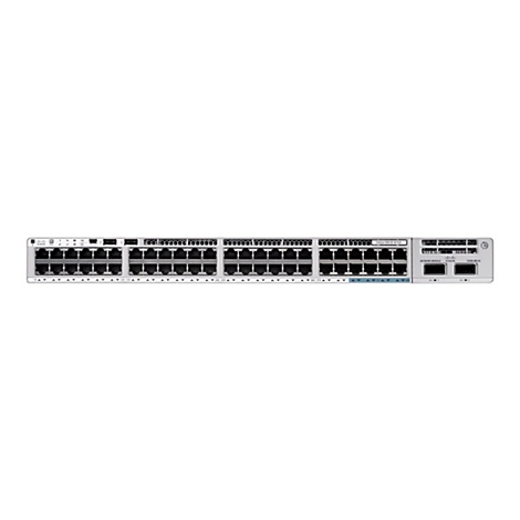 Un commutateur Cisco gris avec de nombreux ports, étiquettes et voyants de fonction. Des étiquettes de texte telles que "Catalyst 9200" et "Cisco" sont également visibles sur la surface.