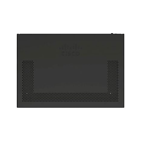Appareil réseau gris foncé avec logo Cisco et perforations. Vue de dessus.