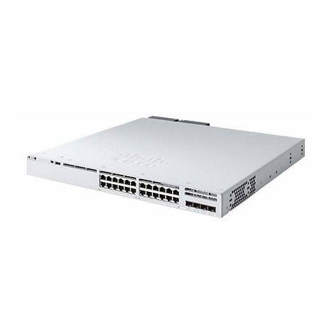 Commutateur réseau blanc. Texte: Cisco. De nombreux ports et fentes de ventilation.