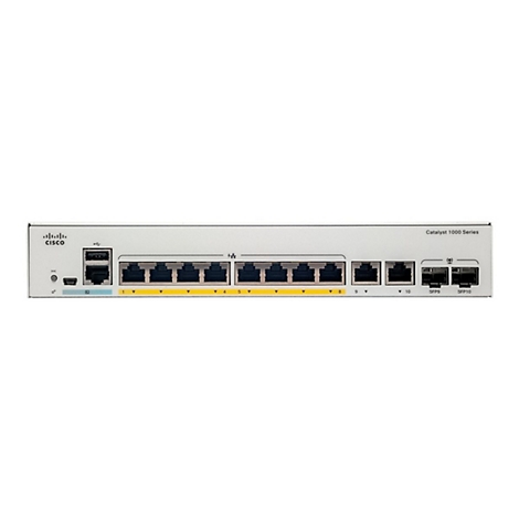 Ein grauer Cisco Catalyst 1000 Series Switch mit Anschlüssen, Beschriftungen und der Cisco-Marke.